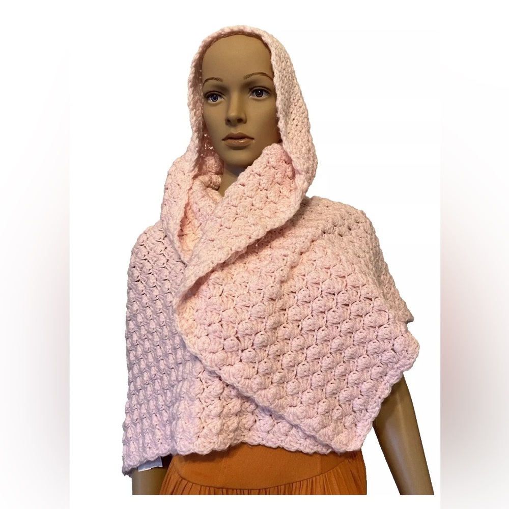 Homemade Pink Triple Stitch Crochet Poncho  Shaw w/Hoodie